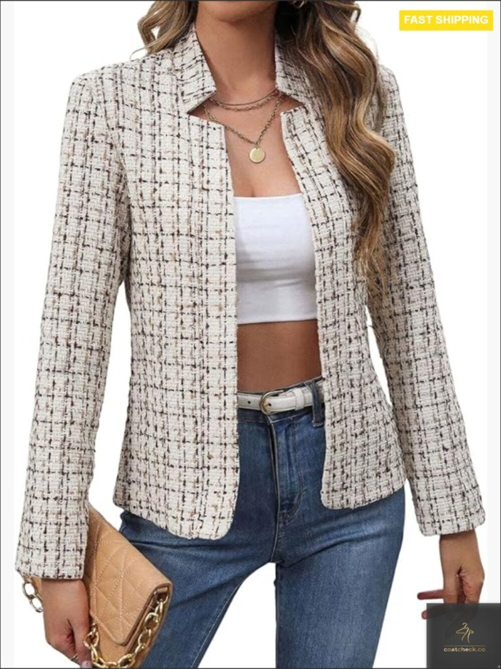 Slim Fit Tweed Blazer Notched Lapel Open Front Business Casual Jacket